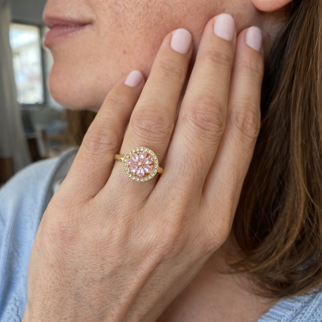 Pink Floral Heart Spinner Ring | GOLD