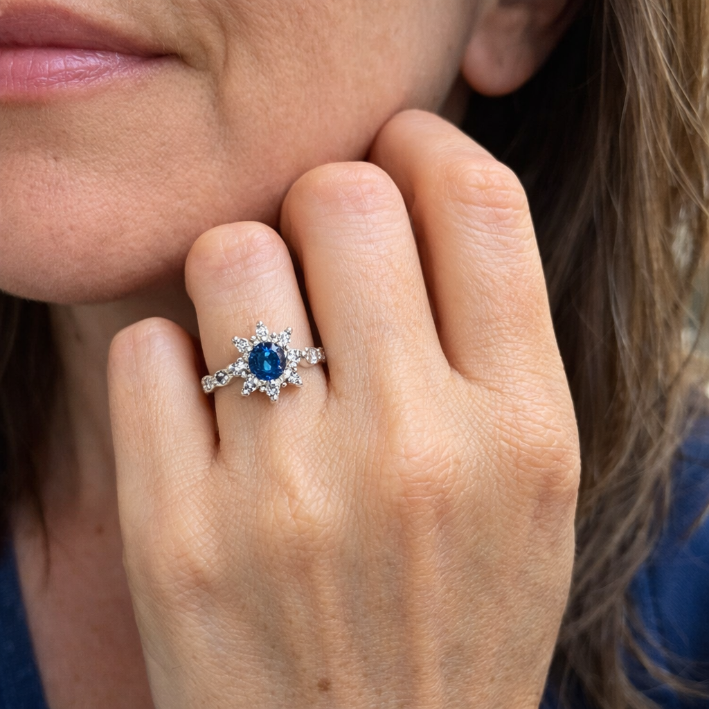 Sapphire and Crystal Flower Ring | SAPPHIRE