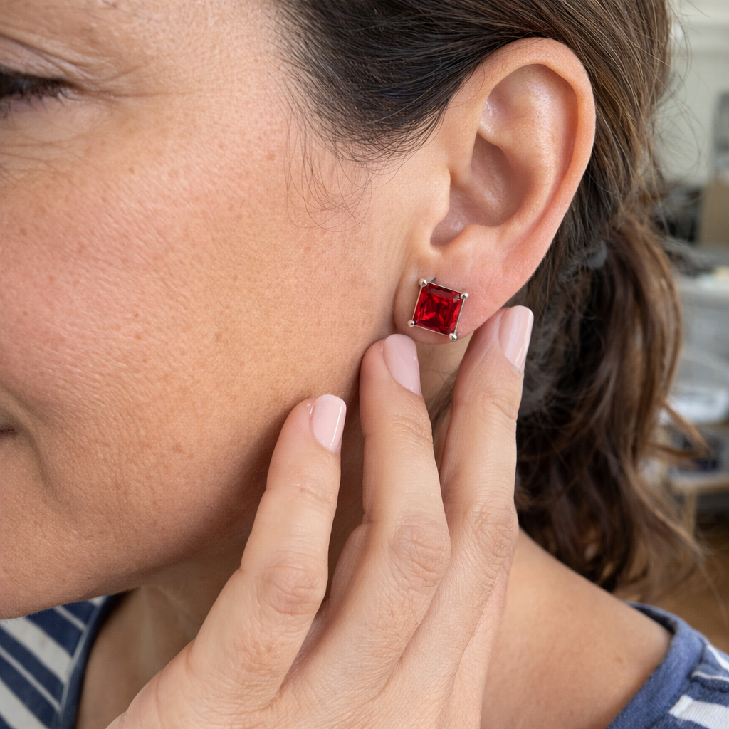 Minimalist Princess-Cut Ruby Stud Earrings | RUBY