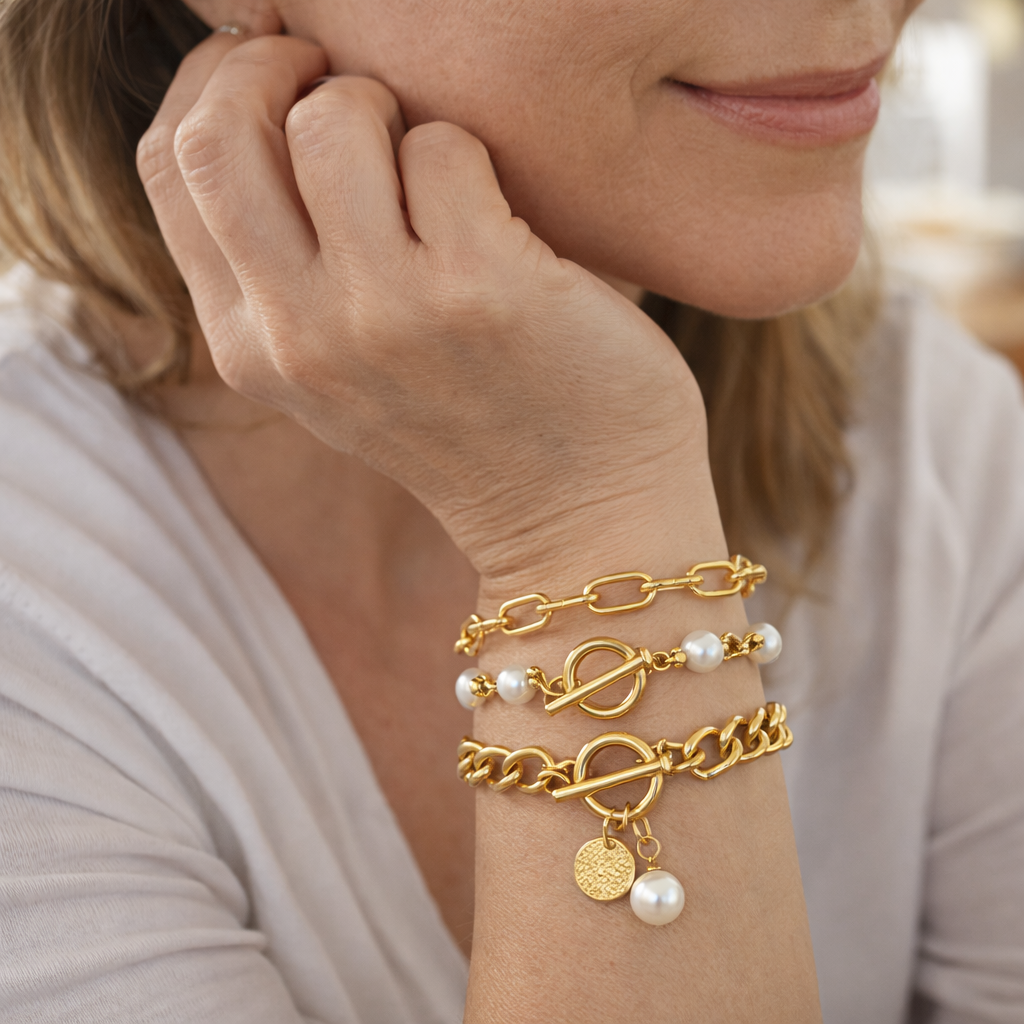 Elegant 4-Piece Snake, Pearl and Hoop Bracelet Set | GOLD