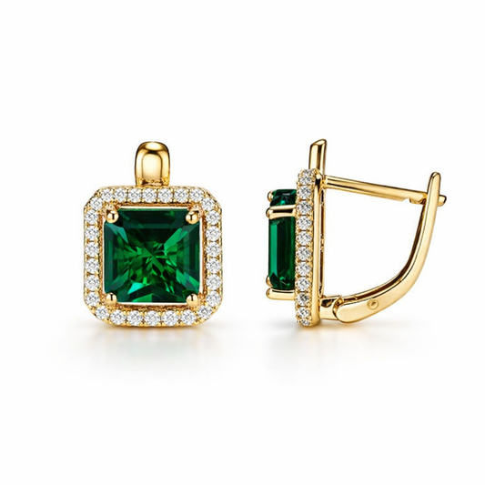 Green Square Zircon Gold Earrings | EMERALD